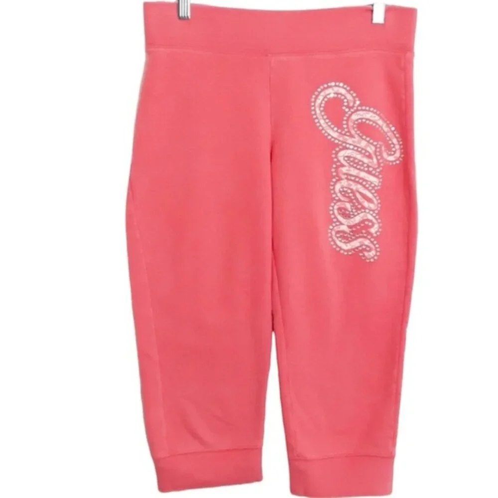 Guess Coral Capri Spellout Logo Gem Joggers EUC sz M